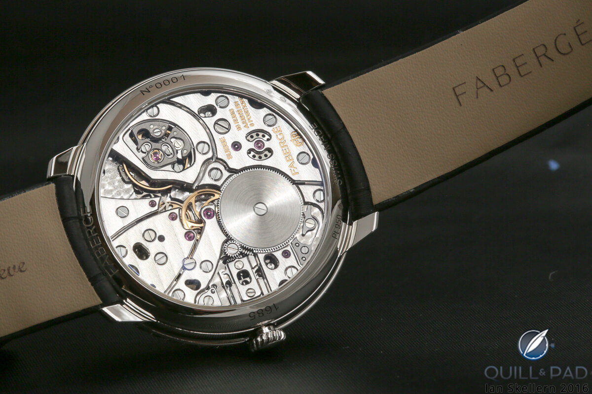 View through the display back to the intricate movement of the Fabergé Lady Compliquée Peacock 